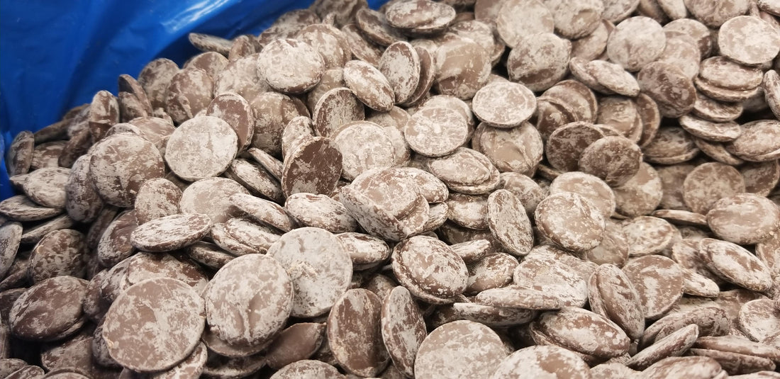 Kuvertür pastilleri; yüzeylerinde beyazlaşma görülen çikolata damlaları
