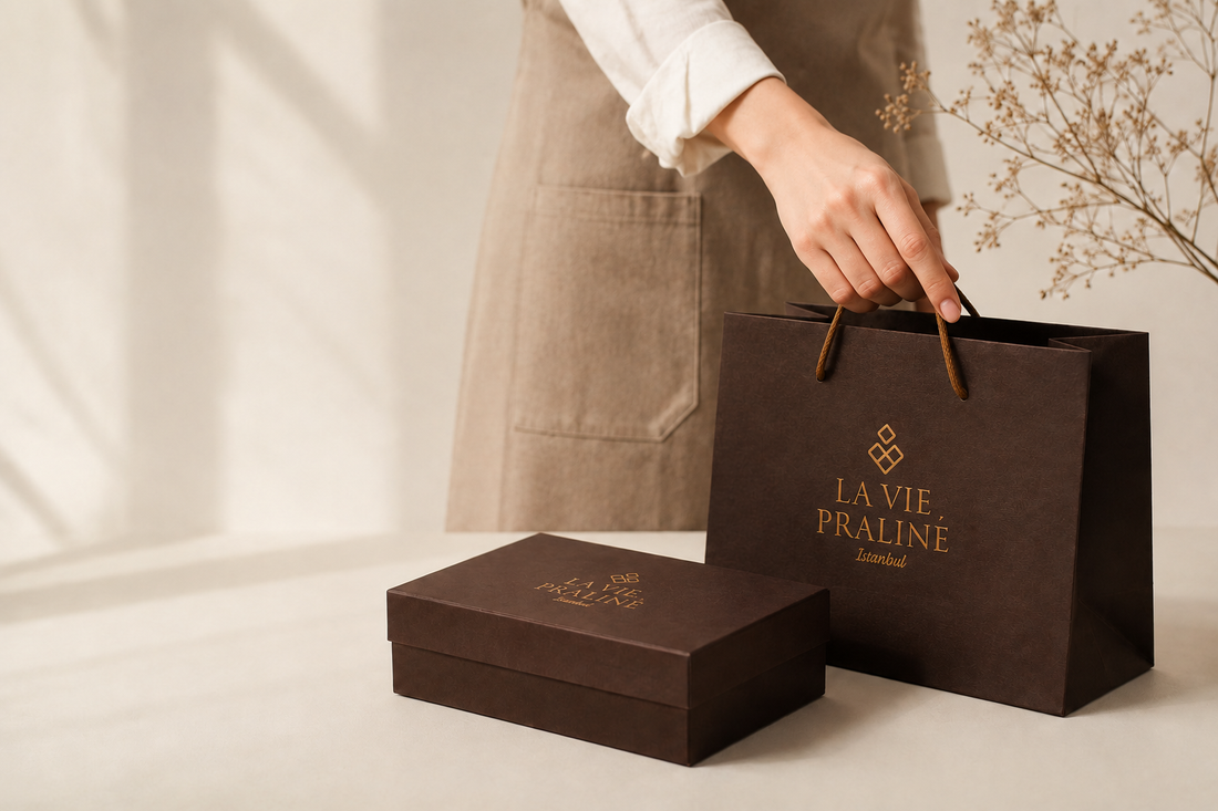 La Vie Praliné hediye kutusu ve taşıma çantası; çanta elde tutuluyor