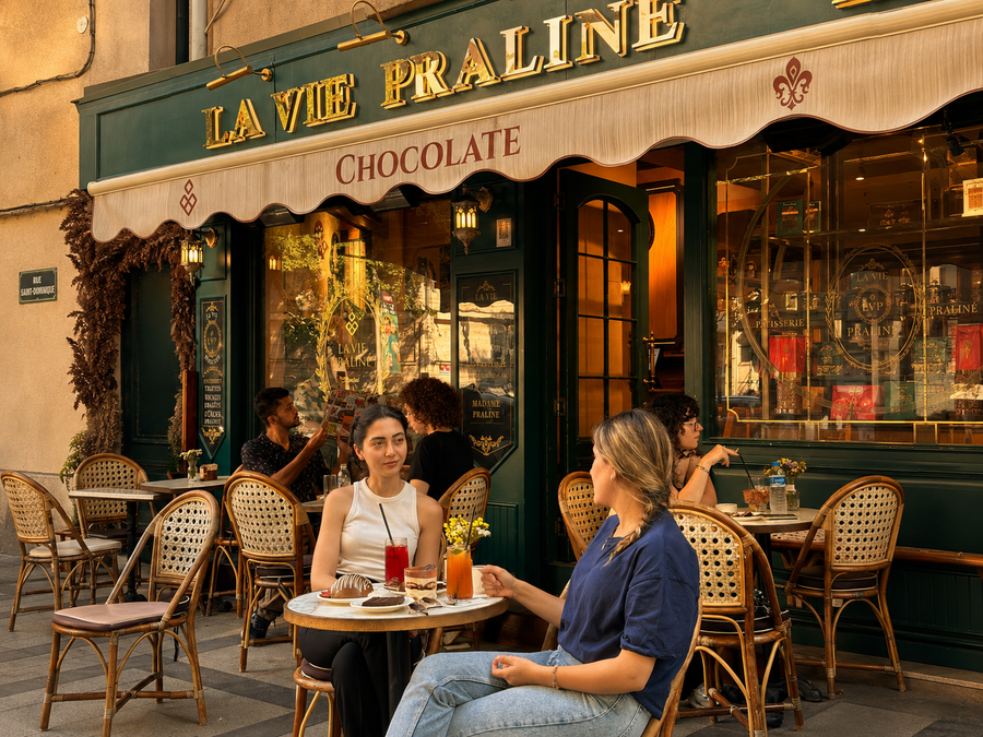 La Vie Praline Akaretler şubesinin dış cephesi ve teras masaları