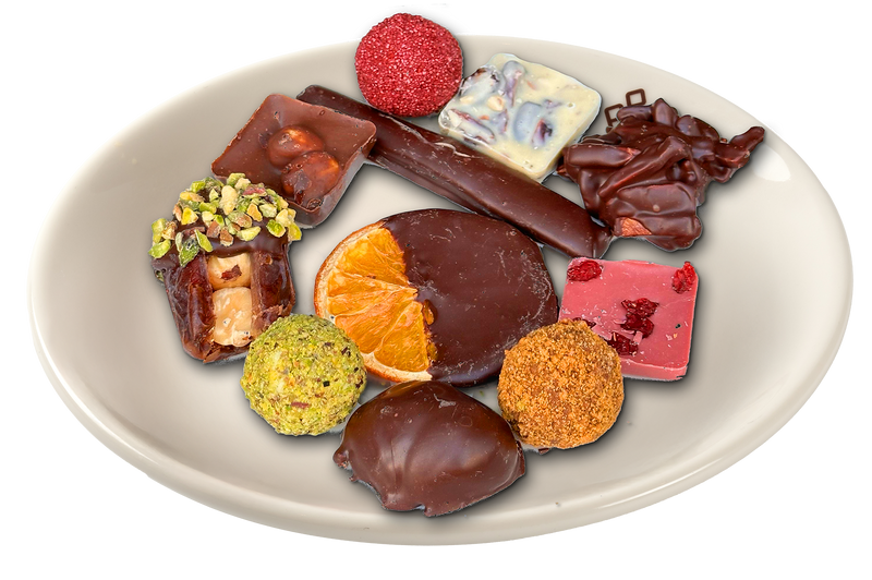 Chocolat Special — tabakta çeşitli el yapımı çikolatalar