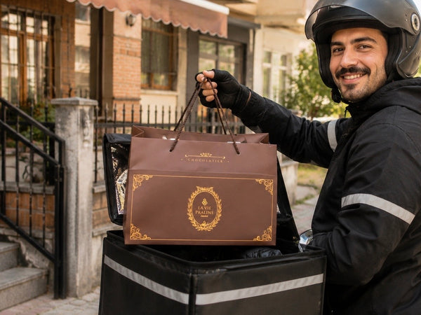 La Vie Praline kuryesi aynı gün teslimat için çikolata paketini taşıyor