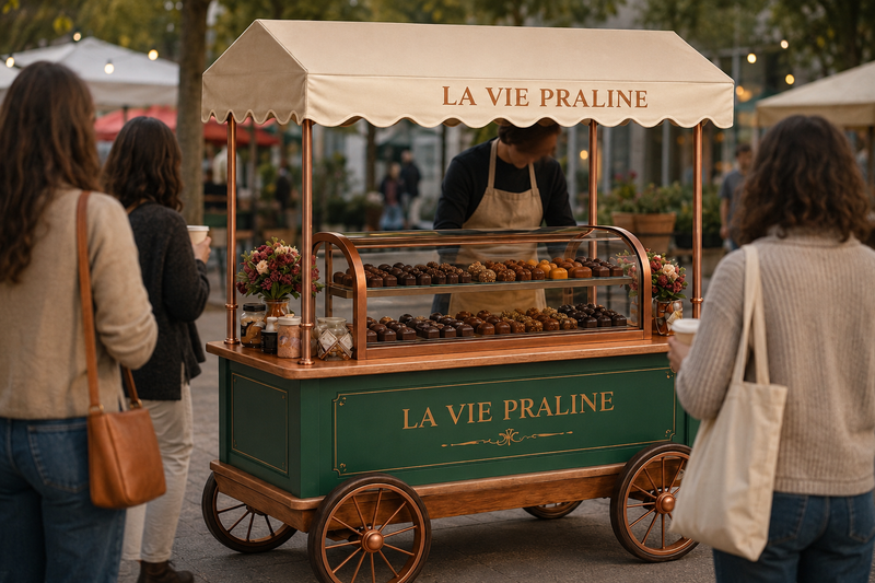 Etkinlikte La Vie Praline çikolata arabası ve ikram servisi