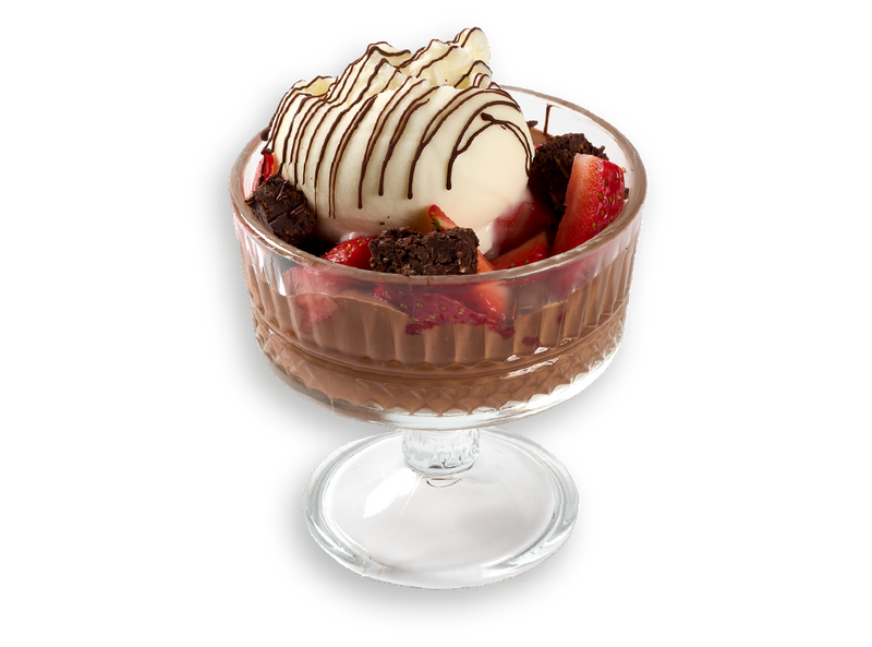 Melodie De Glace — cam kâsede dondurma, çilek, brownie parçaları ve çikolata sos