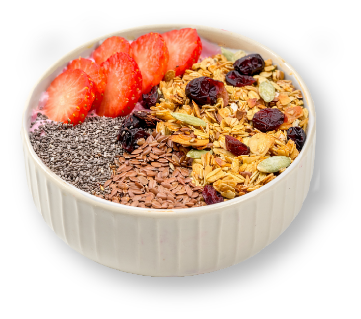 Petit-Déjeuner Vitalité — kâsede süzme yoğurt, granola, çilek ve chia tohumu
